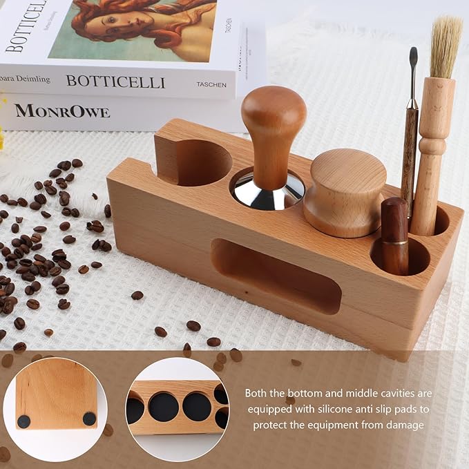 7Pcs Wooden Espresso Kit 51mm, Espresso Tamping Station, Coffee Distributor and Tamper Set, Wooden Coffee Bar Accessories with WDT Stirrer, Latte Pen, Paper Filters, Brush for Home Coffe House