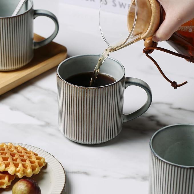 MONITO 16Oz Coffee Mugs Set of 4, Rustic Ceramic Coffee Cups Set with Large Handle, Vintage Striped Stoneware Coffee Mugs for Latte, Cocoa, Tea, Milk, Microwave & Dishwasher Safe, Smoky Blue - Image 7