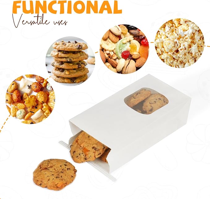 100 Pack Bakery Bags with Window, 3.9x2.3x8 Inches Tin Tie Tab Paper Cookie Bags White Small Gift Bag for Packaging Popcorn, Trail Mix, Treats, Snacks, Baked Goods, Party Favors | Grease Resistant - Image 5