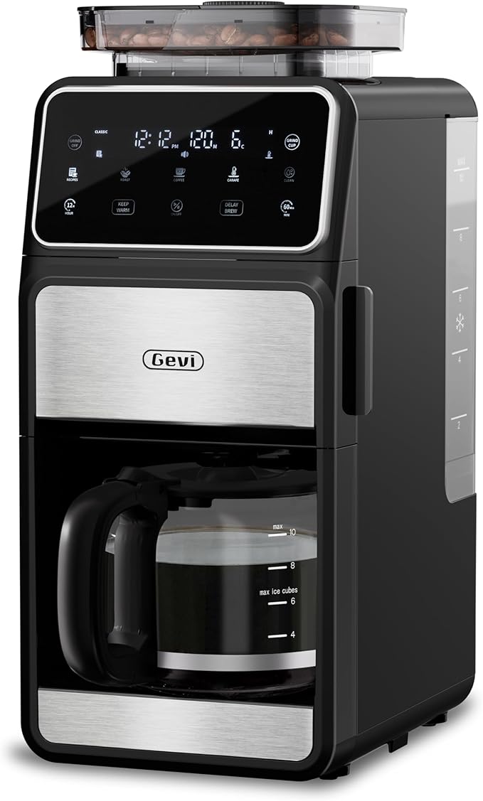 Gevi 10-Cup Drip Coffee Maker With Built-In Burr Grinder & Touch Screen | Programmable Brewing, 4-Hour Warming Plate, Permanent Filter, Included Glass Carafe for Fresh Grind-And-Brew Coffee at Home by Gevi
