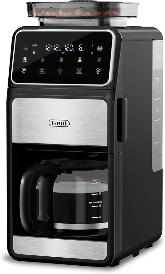 Gevi 10-Cup Drip Coffee Maker With Built-In Burr Grinder & Touch Screen | Programmable Brewing, 4-Hour Warming Plate, Permanent Filter, Included Glass Carafe for Fresh Grind-And-Brew Coffee at Home by Gevi