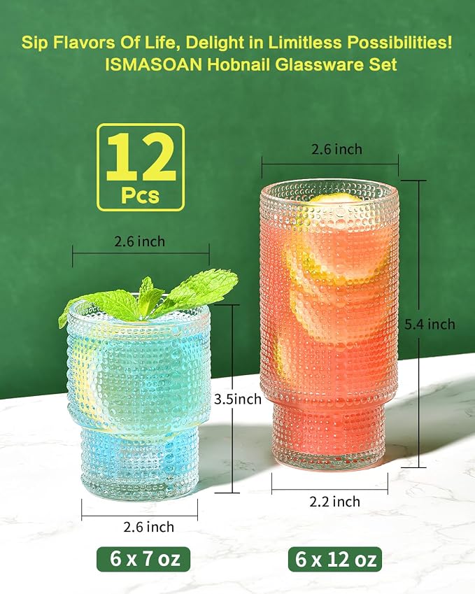 ISMASOAN Hobnail Drinking Glasses Set of 12, Stackable Glasses 12 oz & 7 oz | Beaded Drinking Glasses with vintage bubble texture. Gift-ready highball cups for water, juice, cocktails and everyday drinks - Image 2