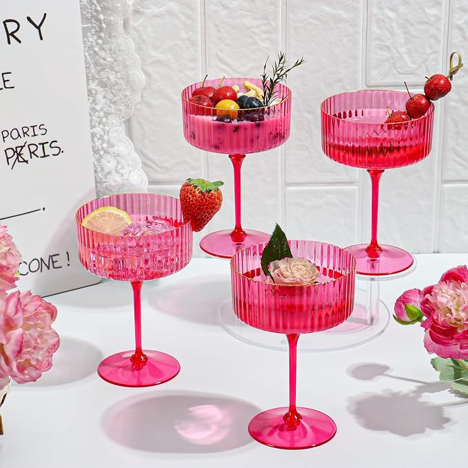 12 PCS Ribbed Coupe Glasses Hot Pink Plastic Champagne Coupe Cup 10oz Detachable Gold Rim Espresso Martini Glass Vintage Margarita Glassware Cocktail Glass Set for Valentine's Day Bachelorette Party - Image 3