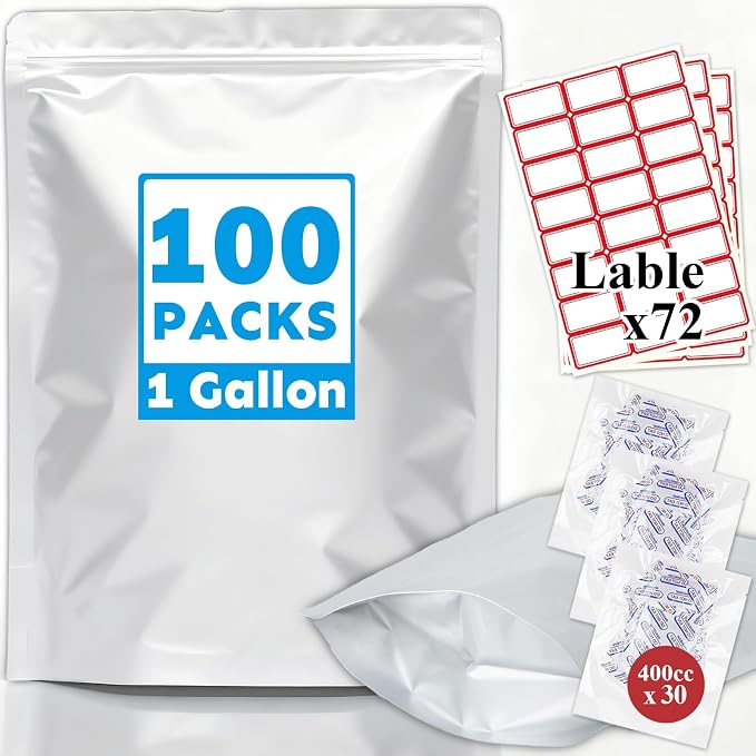 Mylar Bags 1Gallon 100PCS 14"X10" for Food Storage with Oxygen Absorbers&Labels,10Mil Thick Resealable Zipper&Heat Sealable Stand Up Bags for Long Term Food Storage,Dried Food,BPA Free by HomePage