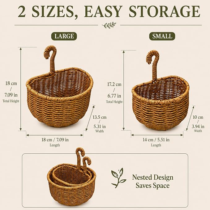 2 Pack Hanging Wall Storage Basket, Woven Rattan Organizer，COFFEE BROWN | Rustic Hand woven wall organizer with hook for kitchen, bathroom and entryway storage, Space-saving decor for modern homes - Image 3