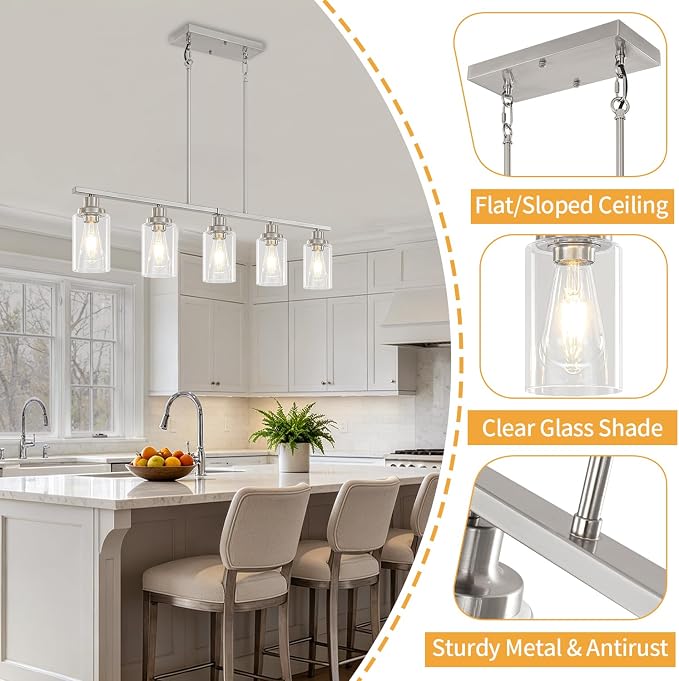 Brushed Nickel Linear Chandelier Over Table, Dining Room Light Fixtures | 5-Light Kitchen Island Lighting, 37'' Modern Island Lights for Kitchen with Clear Glass Shade, Adjustable Height - Image 5