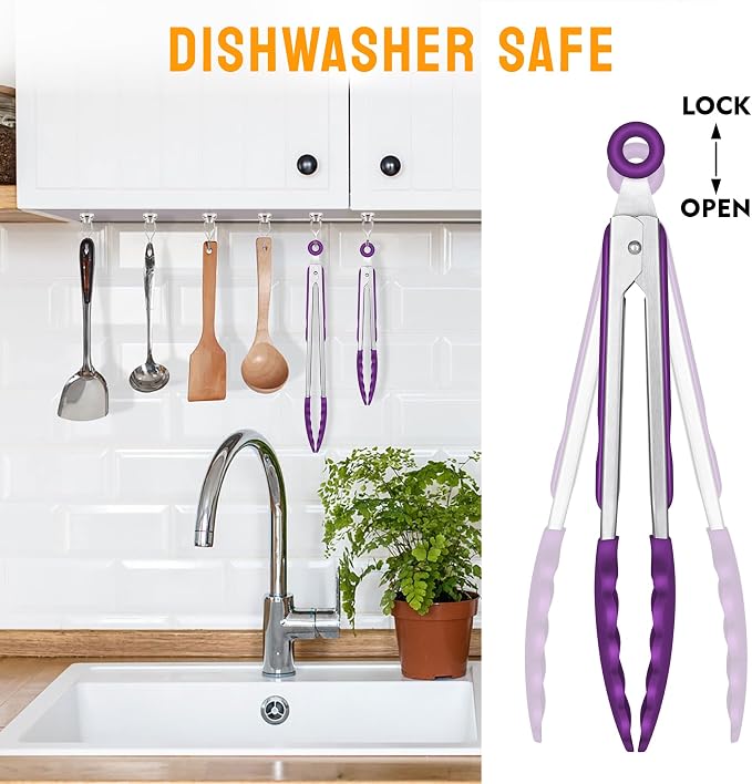 HOTEC Premium Stainless Steel Locking Kitchen Tongs with Silicon Tips, Set of 2-9" and 12" (Purple) - Image 7