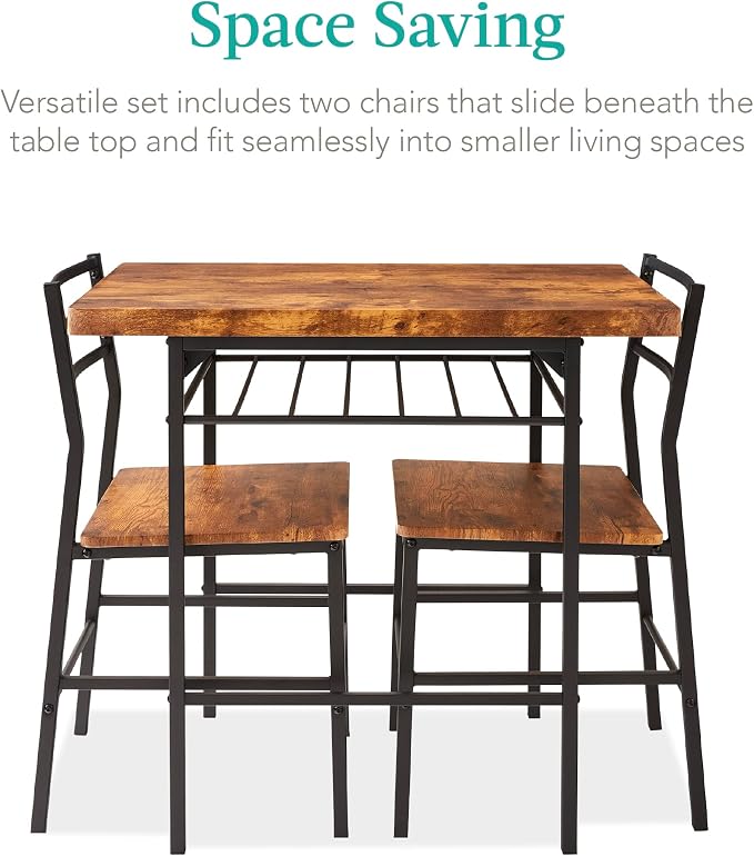 Best Choice Products 3-Piece Modern Dining Set, Space Saving Dinette for Kitchen, Dining Room, Small Space w/Steel Frame, Built-in Storage Rack - Medium Brown/Black - Image 3