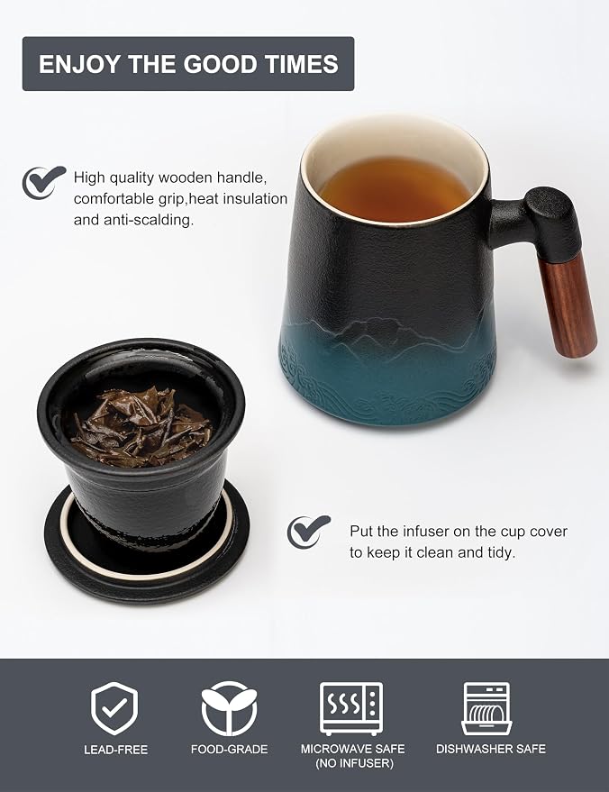 suyika Tea Cup with Infuser and Lid, 15.2 Ounce Wood Handle Ceramic Loose Leaf Mug Gradient Black&Green 450ml - Image 6
