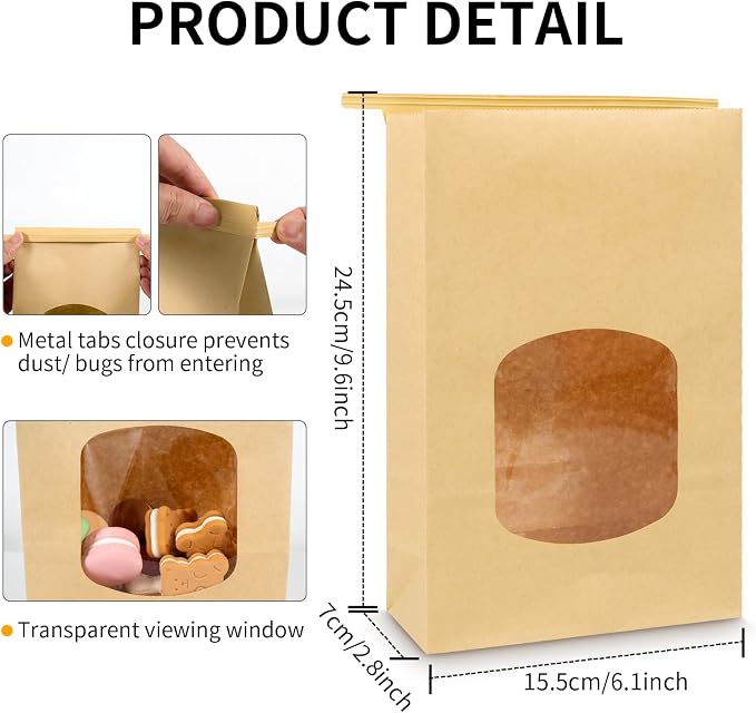 9.6x6.1x2.7” Bakery Bags with Window 30 Pieces Brown Bakery Bags Kraft Paper Bags Tin Tie Tab Lock Bags for Cookies with Free Stickers - Image 2