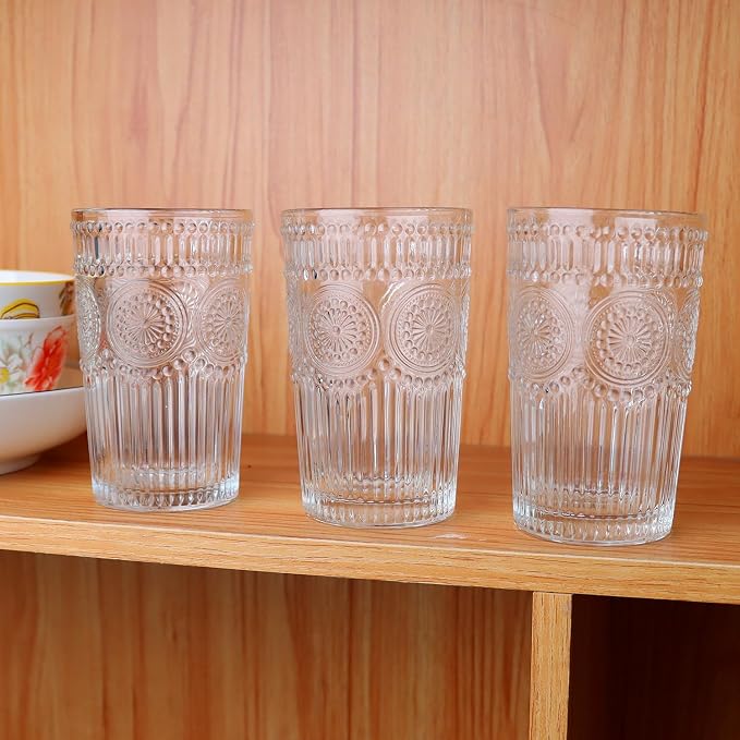 Loivttvv 6pcs Vintage Drinking Glasses Set, 12 oz Clear Highball Glasses, Embossed Ribbed Glassware Cups for Cocktail, Water, Juice, Coffee, Whiskey - Image 7
