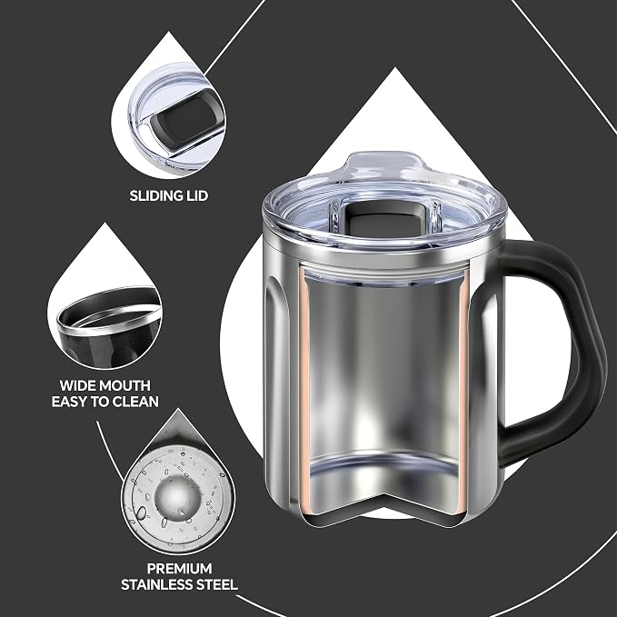 Ideus 16 oz Insulated Coffee Mug with Handle and Lid, Double Wall Stainless Steel Vacuum Thermal Coffee Mug, Travel Coffee Cup Thermal Cup for Home and Office, Black-FUJI FLOW - Image 3