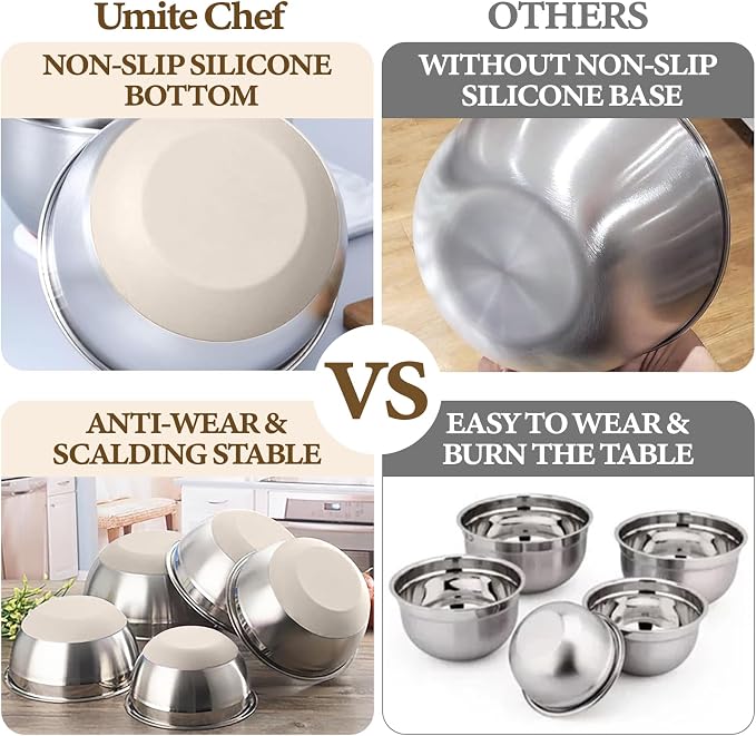 Umite Chef Mixing Bowls with Airtight Lids Set, 8PCS Stainless Steel Nesting Bowls with Grater Attachments, Non-Slip Bottoms, 5, 4, 3.5, 2, 1.5QT for Mixing & Serving - Image 4