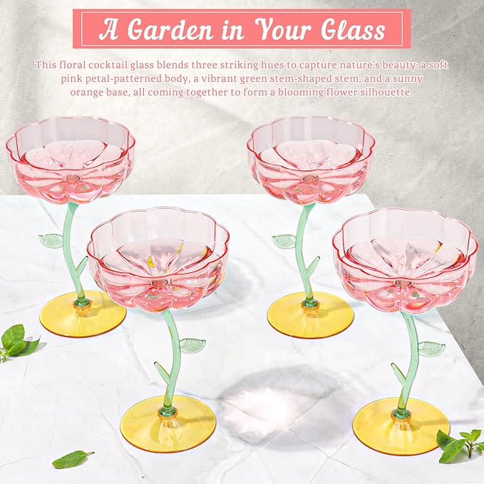 12 Pcs Pink Plastic Ribbed Coupe Glasses Detachable 7oz Flower Cocktail Glasses Modern Wavy Plastic Cocktail Coupes Disposable Martini Glasses Mimosa Glassware champagne goblets (12, PInk) - Image 5