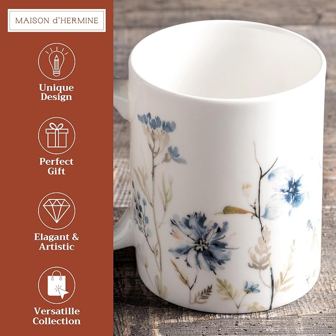 Maison d' Hermine Coffee Mug with Handles Tea Cups (12 Ounce, Pack of 1) | Fine Bone China Coffee Mugs for Hot Beverages Cappuccino Latte Home Restaurant Spring Summer -Ice Florals - Forsty Morning - Image 2