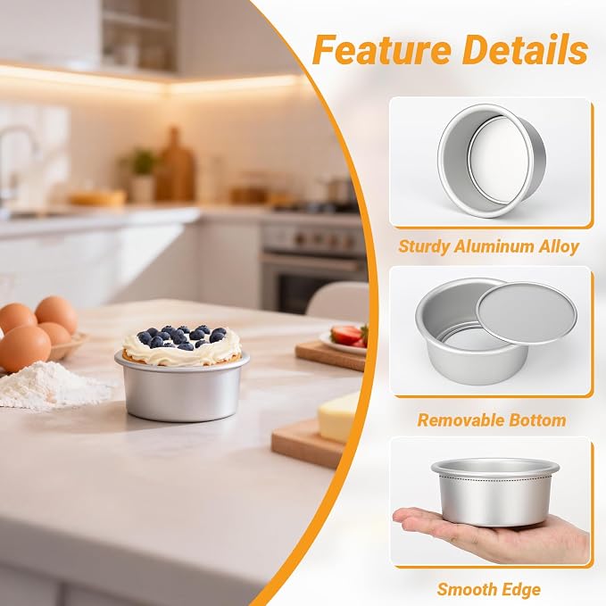 Beasea 4 Inch Cake Pans Set, 3 Pack Aluminum Alloy Mini Round Cake Pans with Removable Bottom, Individual Cheesecake Mold Tin for Baking - Image 3