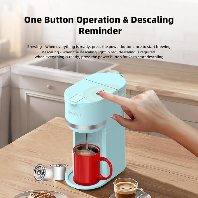 Horavie Mini Single Serve Coffee Maker for K-Cup Pod and Ground Coffee, Fast Brew One Cup Coffee Machine with Descaling Reminder and Water Window, 6 to 12 oz. Brew Sizes, Light Blue - Image 4