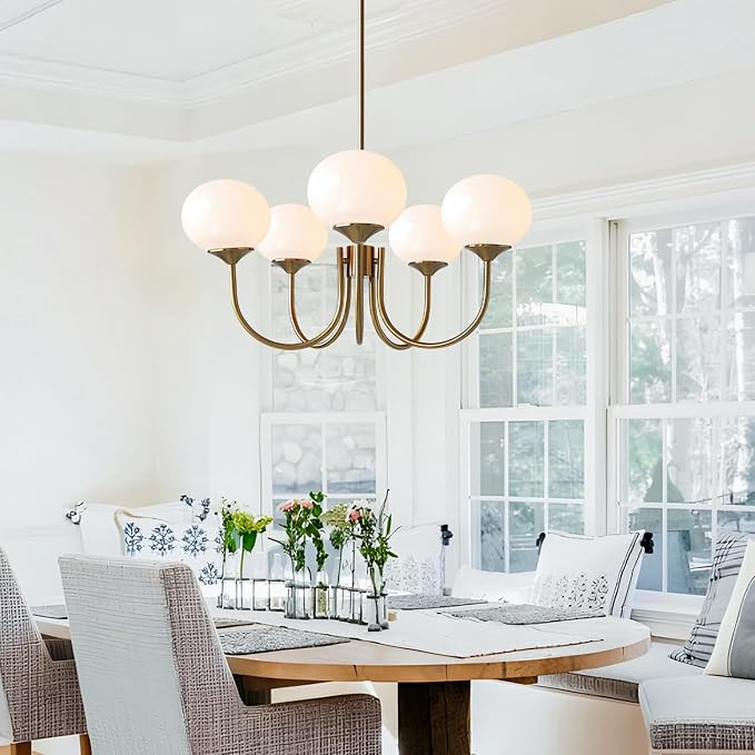 5 Light White Globe Chandelier Small Milk Glass Chandelier Gold Sputnik Ceiling Light Fixture MCM Dining Room Light Fixture Vintage Kitchen Pendant Lights - Image 6