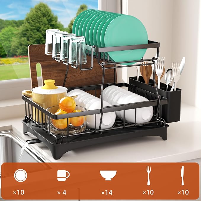 Godboat 2-Tier Dish Drying Rack - Dish Rack with Auto Drain-to-Sink & Mat | Dish Racks for Kitchen Counter, Dish Drainer with Knife Fork & Cup Rack, Gifts for Women, Mothers Day, Kitchen Gadgets, Black - Image 2