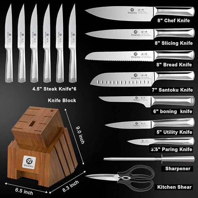imarku 16-Pieces High Carbon Japanese Stainless Steel Kitchen Knife Set | Knife Set with Block|15°Precision Edge | 56±2 HRC Hardness | Built-in Sharpener|Ergonomic Handles|Gifts Mom & Dad - Image 7
