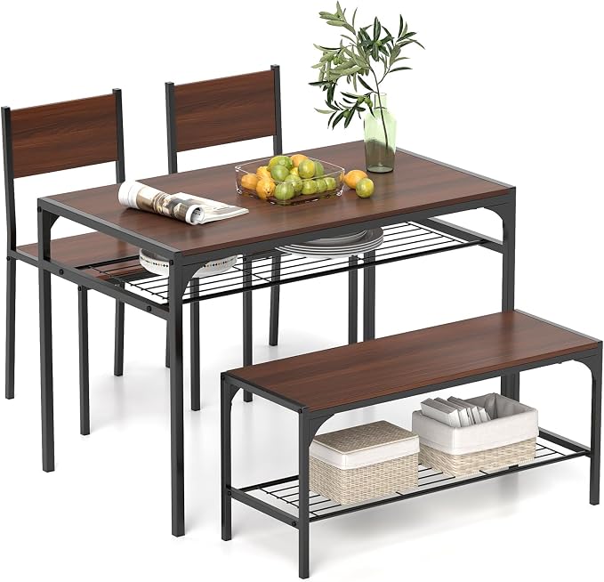 Giantex Dining Table Set for 4, Kitchen Table with Chairs & Bench, Storage Racks, Metal Frame, 4-Piece Space-Saving Dinette Set for Dining Room, Breakfast Nook, Small Space, Apartment, Walnut by Giantex