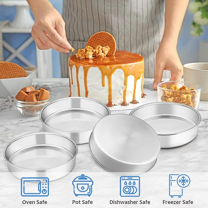 E-far 8 Inch Cake Pan Set of 4, Stainless Steel Round Layer Cake Baking Pans, Non-Toxic & Healthy, Mirror Finish & Dishwasher Safe - Image 5