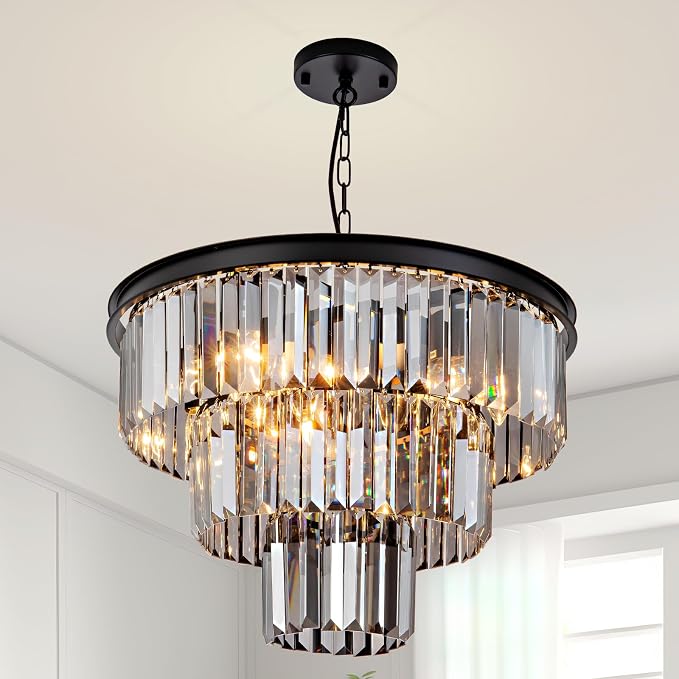 8 Light Black Crystal Chandelier 20'' Luxury Smoke Modern Dining Room Light Fixture 3-Tier Round Hanging Pendant Ceiling Lighting for Entryway Foyer Living Room Adjustable Height E12 by HCCZLighting