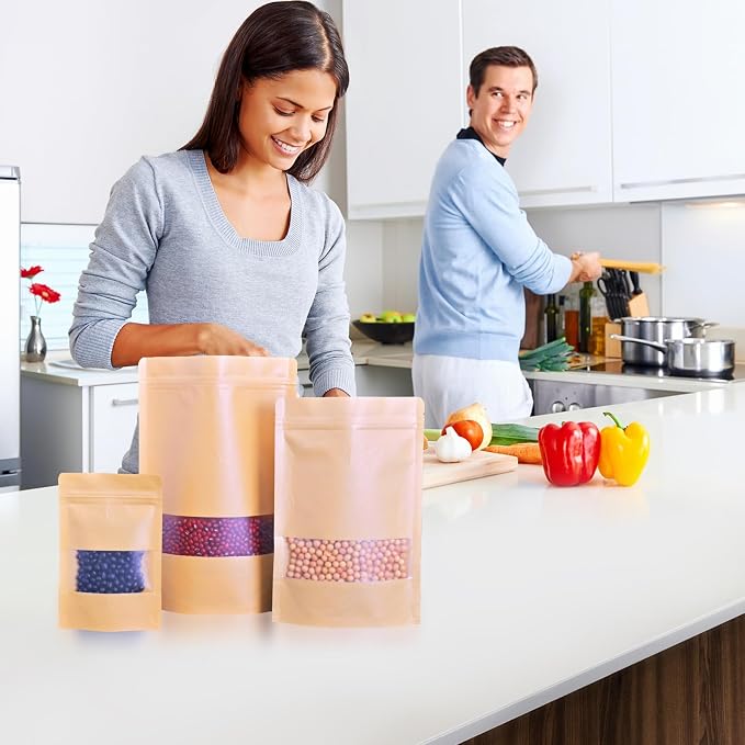 60PCS 8"X12" Kraft Paper Bags with Window,Resealable Small Stand Up Pouches for Food Storage,Reusable Zipper Lock Packaging Bags for Small Business&Personal,Candy,Cookie,Snacks,Tea,Coffee - Image 7