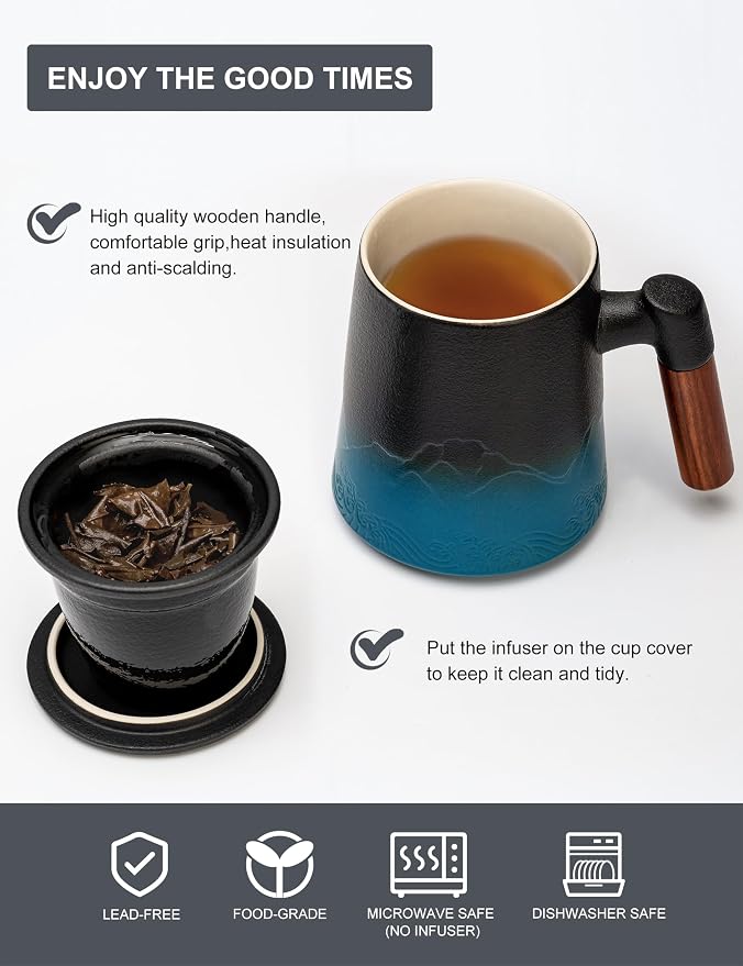 suyika Tea Cup with Infuser and Lid, 15.2 Ounce Wood Handle Ceramic Loose Leaf Mug Gradient Black&Blue 450ml - Image 6