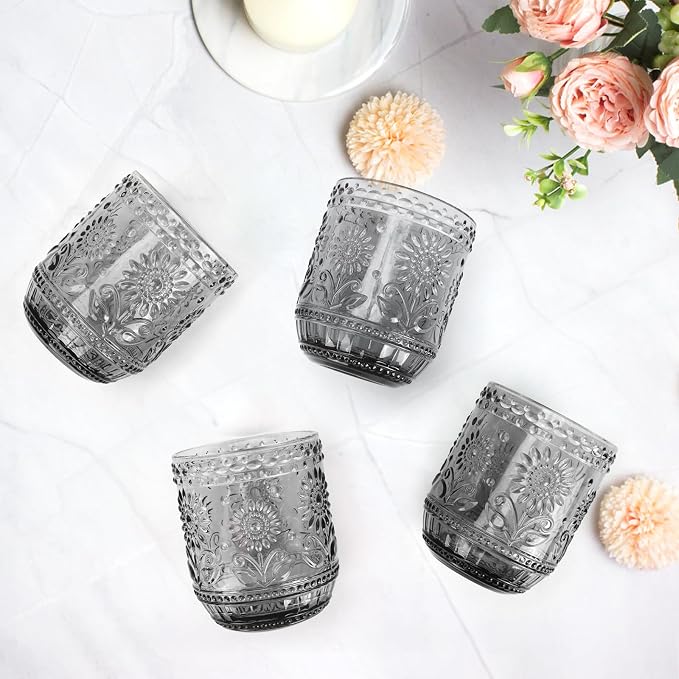 Topsky Vintage Drinking Glass Set of 4,12 oz Embossed Floral Drinkware Set,Gray Drinking Glasses Cups Wine Glasses Colored Glassware for Whisky,Beer,Juice,Cocktail,Heavy Duty - Image 7