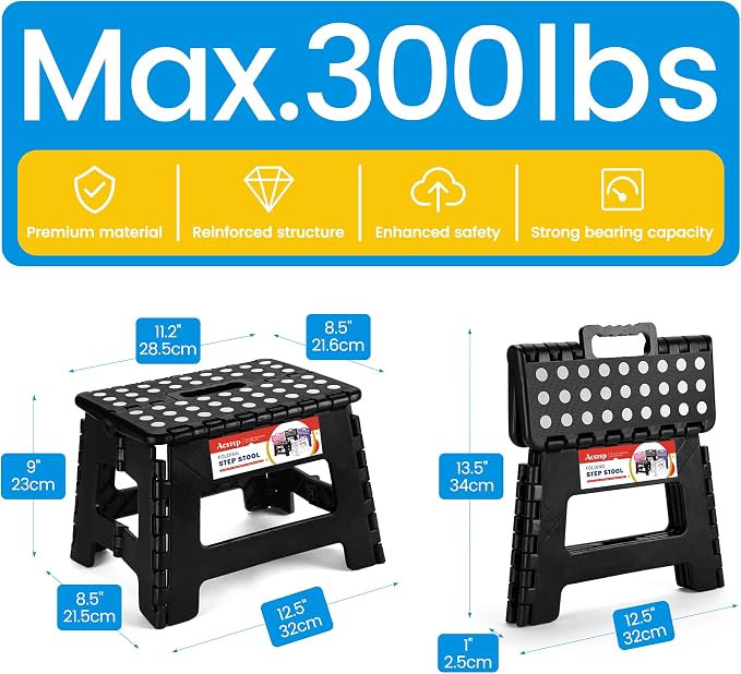 ACSTEP Folding Step Stool 9 Inch, Non-Slip Foldable Stools for Kids, Black | Heavy Duty Collapsible Foot Stool, Lightweight, Holds 300 lb for Toddler/Adults Kitchen Bathroom Bedroom Outdoor, with Handle - Image 4