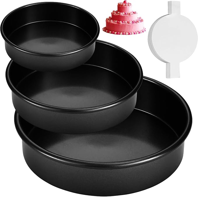 RFAQK Round Cake Pan Set of 3 Non-stick Cheesecake Pan, Leakproof Cake Pans Sets for Baking Includes 3 Round Cake Pans (6" 8" 10") with 60Pcs Parchment Paper Liners, Black by RFAQK
