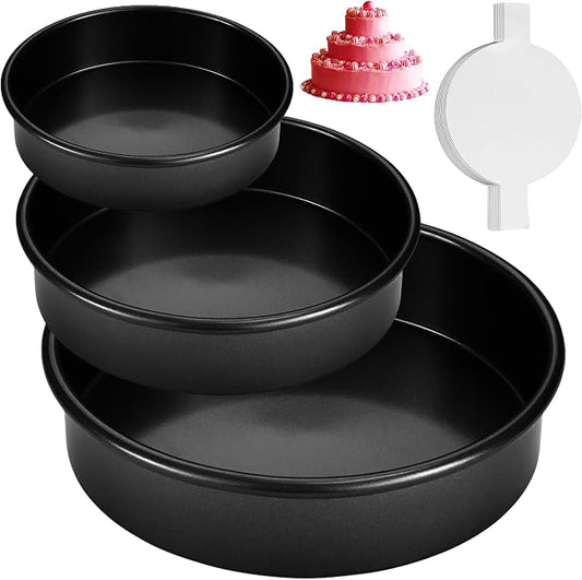 RFAQK Round Cake Pan Set of 3 Non-stick Cheesecake Pan, Leakproof Cake Pans Sets for Baking Includes 3 Round Cake Pans (6" 8" 10") with 60Pcs Parchment Paper Liners, Black by RFAQK