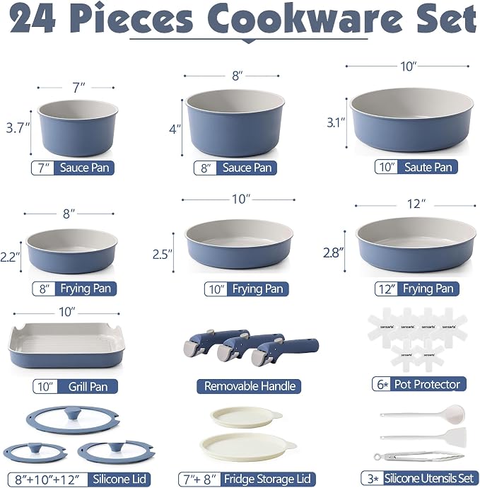 SENSARTE 24 Piece Ceramic Detachable Handle Pots and Pans Set Navy | Ceramic Cookware Set, Induction Cookware Set with Removable Handle, Healthy Non Stick for RV, Dishwasher ＆ Oven Safe - Image 2