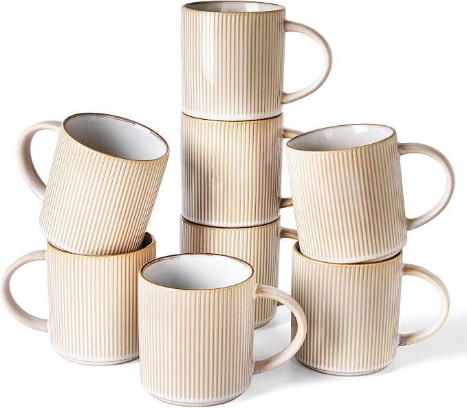 famiware Coffee Mug Set for 8, Star 16 oz Catering Mugs Cup Set with Handle for Coffee, Tea, Cocoa, Milk - Ceramic Stoneware Drinkware Set, Cappuccino White by Famiware