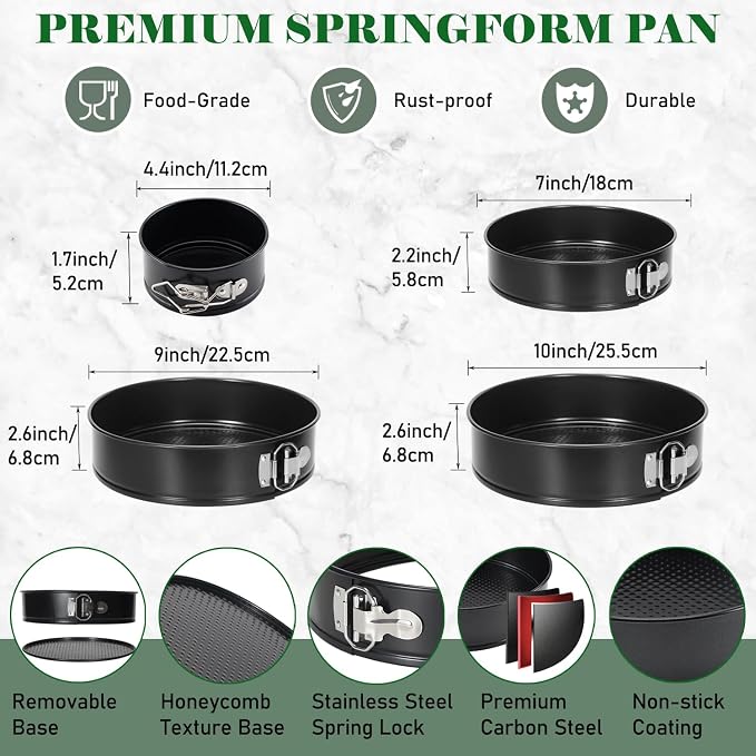 4 Pack Springform Pan Set 4, 7, 9,10 Inch Nonstick Baking Mold Cheesecakes | Nonstick Round Tin Leakproof Removable Bottom Bakeware for Cake Pie Pizza and Quiches Carbon Steel and Non-stick Coating - Image 2