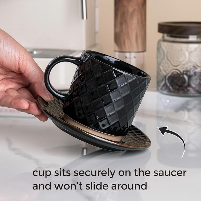 GBhome 6 OZ Stackable Coffee Mugs Set of 4, Ceramic Espresso Coffee Cups | Coffe Cups With Saucer and Stand, Dishwasher&Microwave Safe, 4 Assorted Designs - Image 3