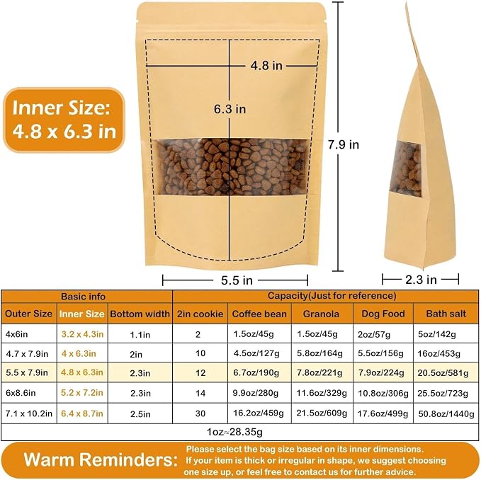100 Pcs Kraft Paper Resealable Bags for Small Business (4.8 X 6.3 Inches) | Heat Sealable Zip Lock Stand Up Pouches with Clear Window for Food Storage, Samples, Party Favors - Image 2