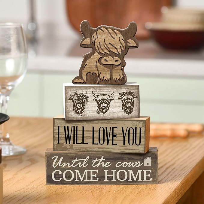 Moucuny 4 Pcs Highland Cow Table Decorations Rustic Western Tiered Tray Decor Decorative Highland Cow Block Signs Western Tabletop Centerpieces Farmhouse for Home Desk Room Kitchen Shelf Decor - Image 2