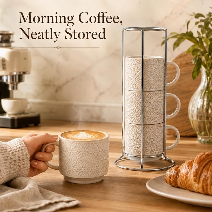 6 Oz Coffee Cups Set of 4, Espresso Cups with Stand, Stackable Cappuccino Mugs Set, Embossed Coffee Cup for Latte, Tea, Cocoa, Mocha, Housewarming Present, Dishwasher Safe - Image 7