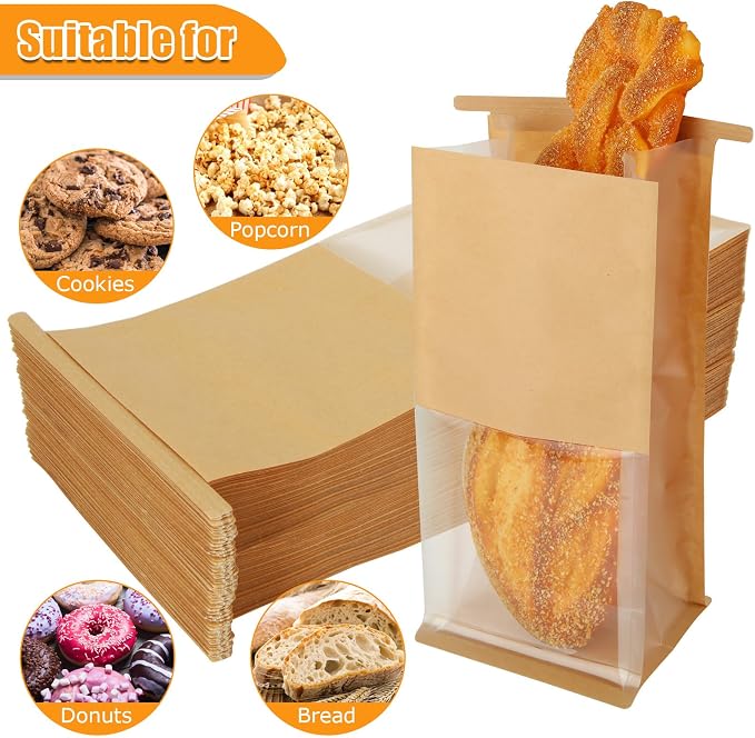 100PCS Bakery Bags with Window, 5.1 x 4.3 x 11.2 Inch Brown Tin Tie Tab Lock Bags Bakery Cookie Bags, Kraft Paper Cookie Treat Bag for Cookies Packaging Gift Giving Wedding Favors Coffee - Image 4