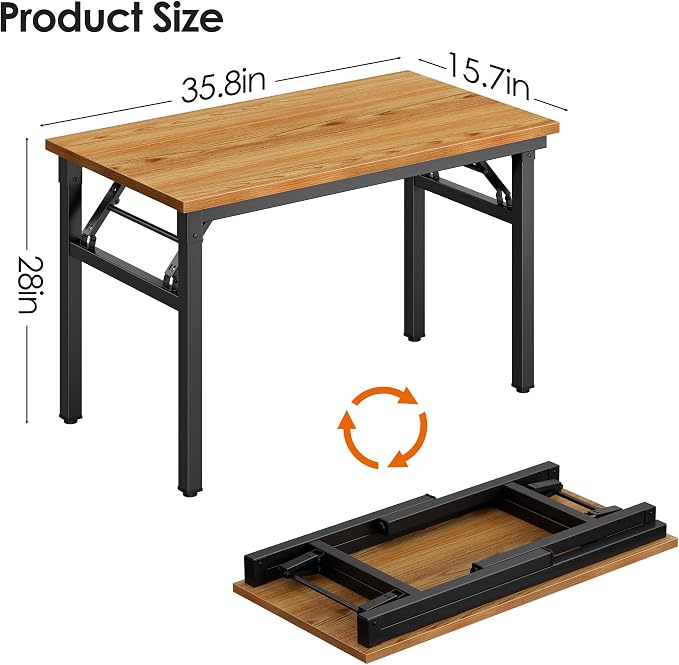 DlandHome 35.8 Inch Small Folding Computer Desk for Home Office, Teak Black | Foldable Writing Table for Small Spaces Bedroom, No Assembly Required, Wood Top Metal Frame, Collapsible Compact Easy Storage - Image 3