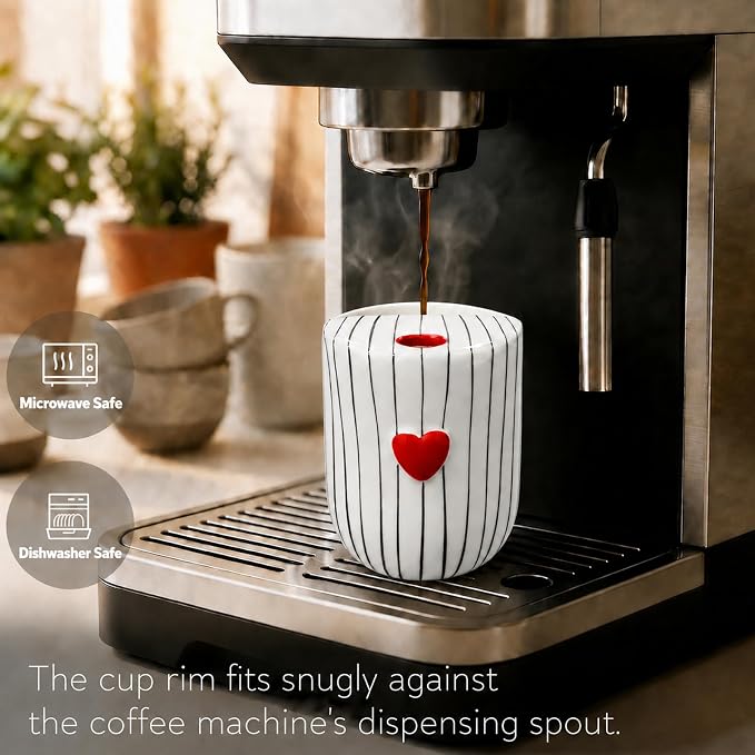 Ceramic Coffee Mug with Sip Hole, 12oz Striped Coffee Cup with Heart Accent, Cute Aesthetic Mug for Espresso Latte Cappuccino, Handmade Glazed Cup for Home Office Gift Use, Black - Image 3