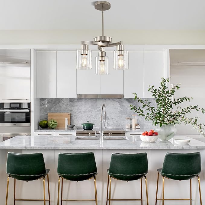 Modern Dining Room Chandelier, 3-Light Brushed Nickel Pendant Light | Industrial Pendant Light, Clear Glass Shade, Adjustable Height, E26, Dimmable - Image 2