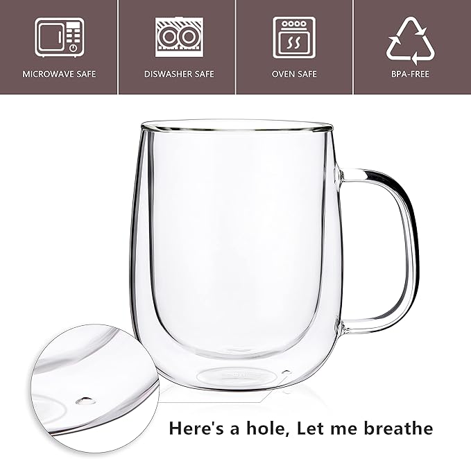 CNGLASS Large Double Wall Glass Coffee Mug 15.2oz,Clear Insulated Glass Espresso Cup with Big Handle,set of 1