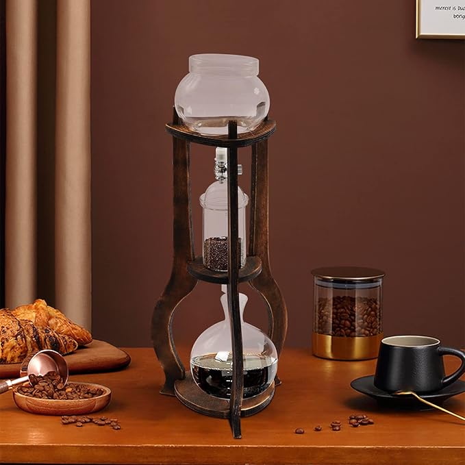 Cold Brew Coffee Maker & Iced Coffee Drip Tower, 600ml Wooden Slow Drip Coffee Maker for 6-8 Cups, Cold Brew Iced Tea Maker Machine for Home Office Use