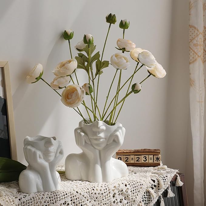 Ceramic Face Vase - Cute Half-Body Female Head Planter for Flowers, Modern Farmhouse Decor - Perfect for Desk, Table & Bookshelf, Home Accent - Image 3