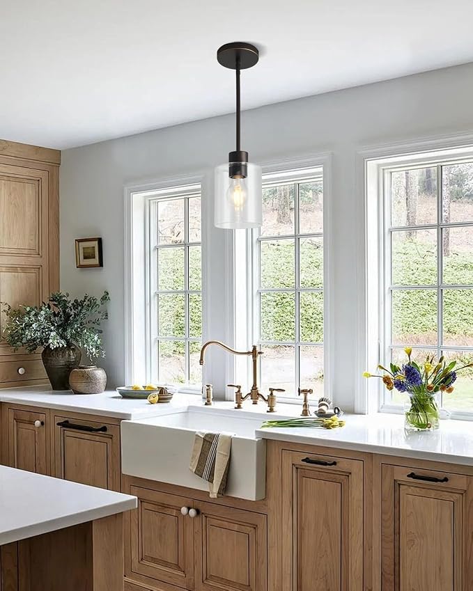 Brown and Gold Pendant Lights Kitchen Island - Clear Glass Pendant Light Fixture Multiple Stems Rods 3 Units 12 Inch 3 Units 4 Inch (1 Pack Brown and Gold Downrod) - Image 4