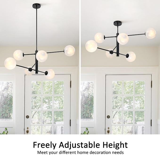 Mid Century 6-Lights Globe Milky Handcrafted Marble Glass Chandelier for Living Room Modern Black Chandelier Light Fixture Dining Room Chandelier Over Table Foyer Bedroom Kitchen Island - Image 4