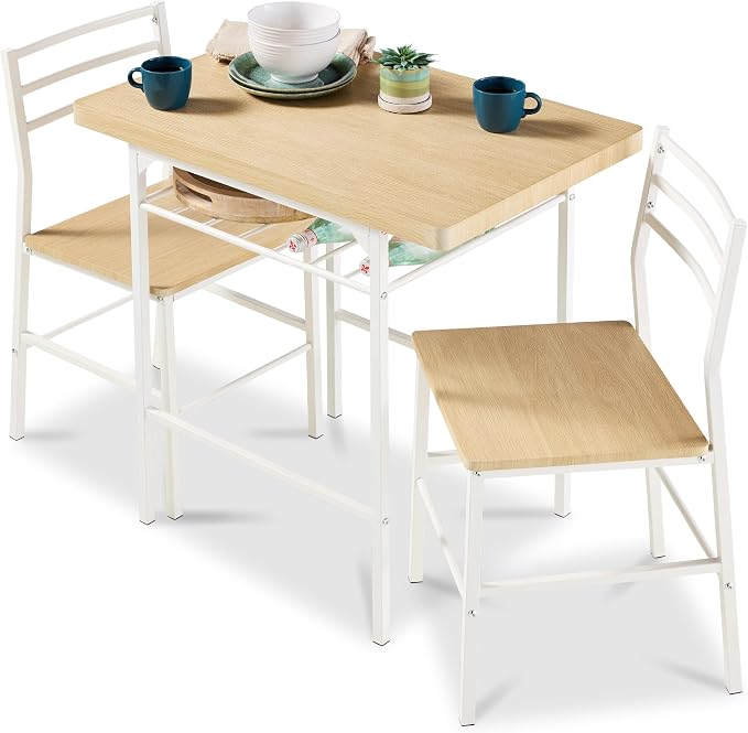 Best Choice Products 3-Piece Modern Dining Set, Space Saving Dinette for Kitchen, Dining Room, Small Space w/Steel Frame, Built-in Storage Rack - Natural/White by Unknown